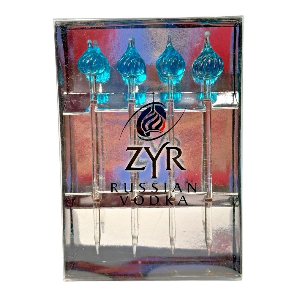 NOS ZYR‎ Russian Vodka Olive Picks (4) Glass Swizzle Stirrers Cocktail Barware